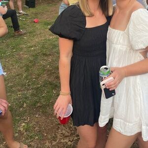 Black puff sleeve shirred babydoll dress